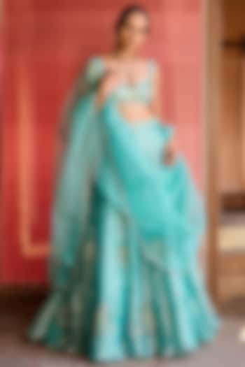 Turquoise Blue Tissue Hand Embroidered Wedding Lehenga Set by Zoon Tribe at Pernia's Pop Up Shop