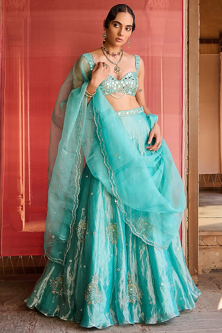 Turquoise Blue Tissue Hand Embroidered Wedding Lehenga Set by Zoon Tribe at Pernia's Pop Up Shop