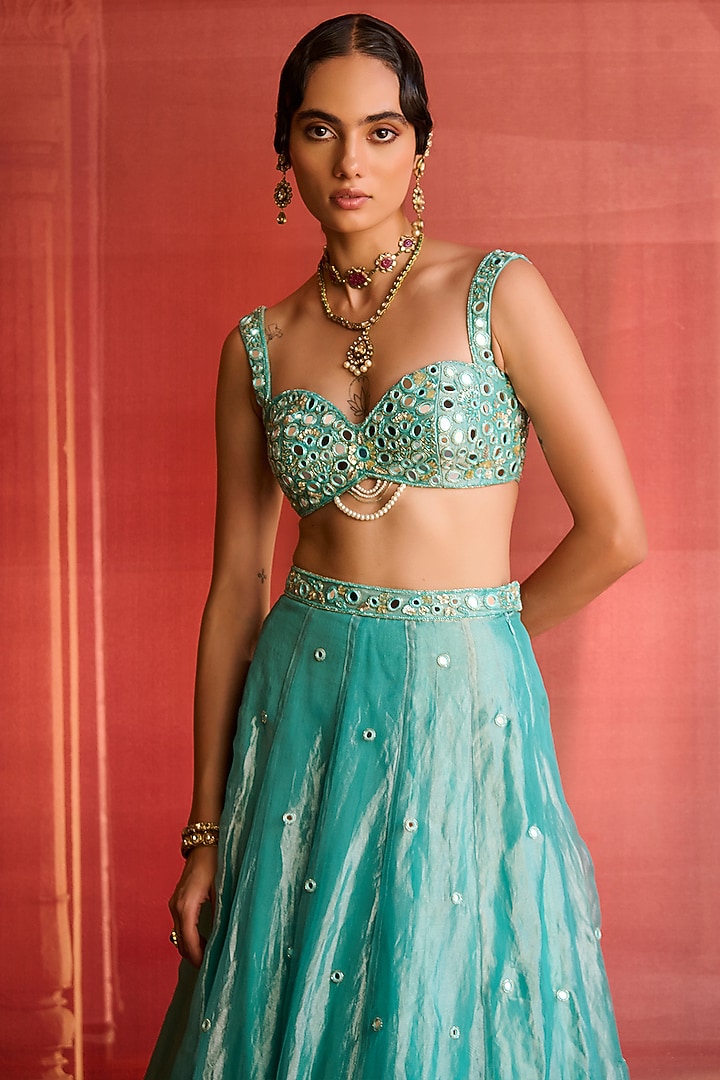 Turquoise Blue Tissue Hand Embroidered Wedding Lehenga Set by Zoon Tribe at Pernia's Pop Up Shop