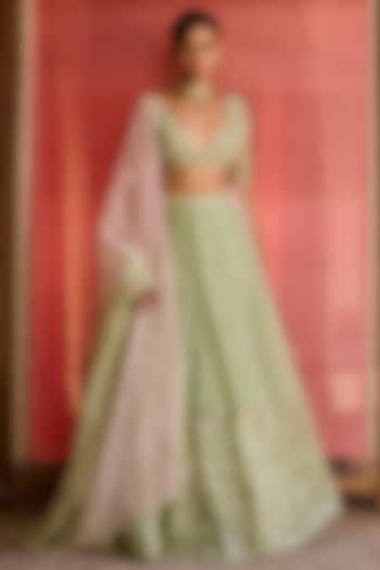 Light Green Silk Organza Hand Embroidered Wedding Lehenga Set by Zoon Tribe at Pernia's Pop Up Shop