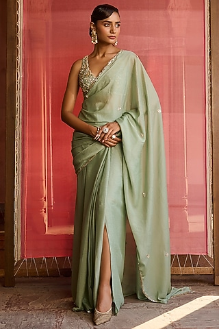 Sage Green Georgette Hand Embroidered Pre-Stitched Saree Set by Zoon Tribe