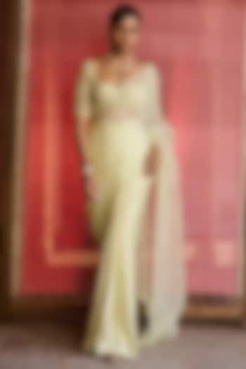 Lime Satin Hand Embroidered Pre-Pleated Wedding Saree Set by Zoon Tribe at Pernia's Pop Up Shop