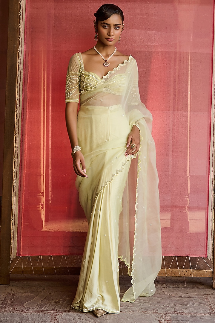 Lime Satin Hand Embroidered Pre-Pleated Wedding Saree Set by Zoon Tribe at Pernia's Pop Up Shop