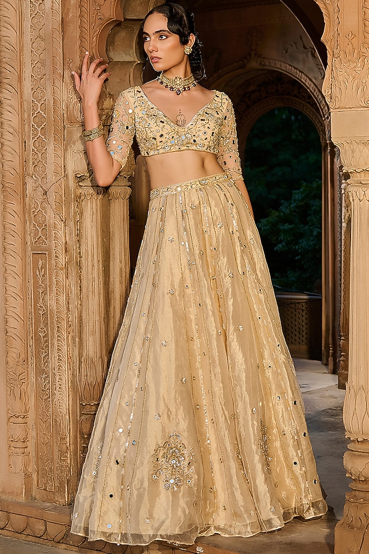 Gold Silk Tissue Hand Embroidered Wedding Lehenga Set by Zoon Tribe at Pernia's Pop Up Shop