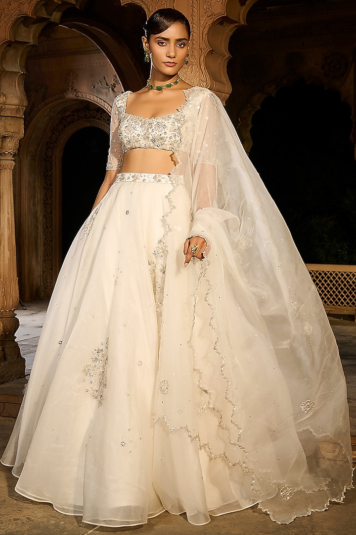 Ivory Silk Organza Hand Embroidered Wedding Lehenga Set by Zoon Tribe at Pernia's Pop Up Shop