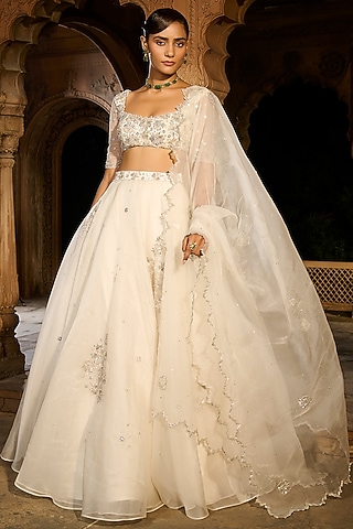 Ivory Silk Organza Hand Embroidered Lehenga Set by Zoon Tribe