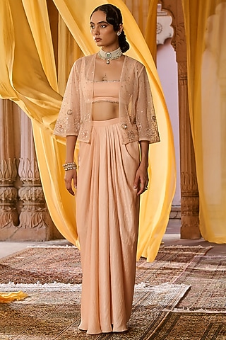 Peach Net Hand Embroidered Jacket Set by Zoon Tribe