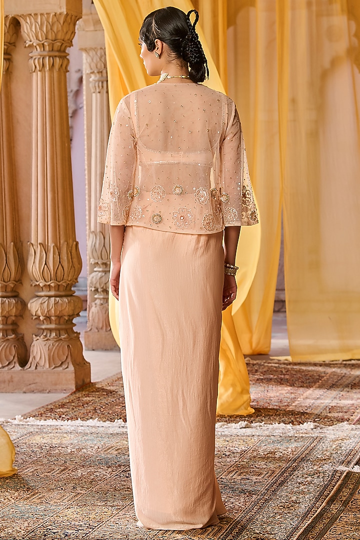 Peach Net Hand Embroidered Jacket Set by Zoon Tribe at Pernia's Pop Up Shop