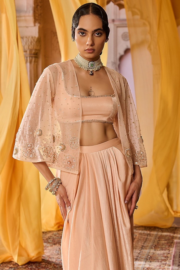 Peach Net Hand Embroidered Jacket Set by Zoon Tribe at Pernia's Pop Up Shop