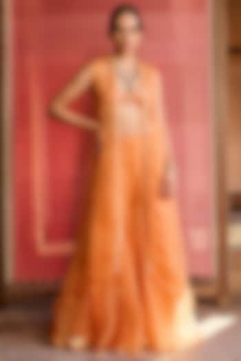 Orange Organza Hand Embroidered Jacket Set by Zoon Tribe at Pernia's Pop Up Shop