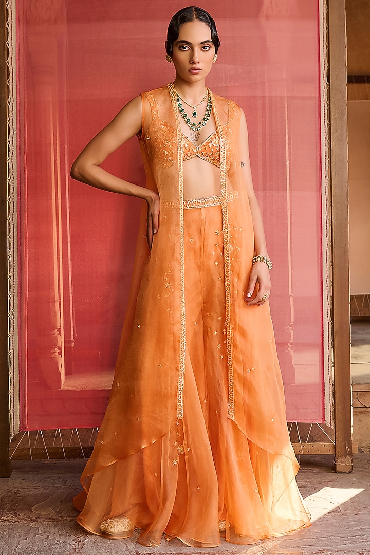 Orange Organza Hand Embroidered Jacket Set by Zoon Tribe at Pernia's Pop Up Shop