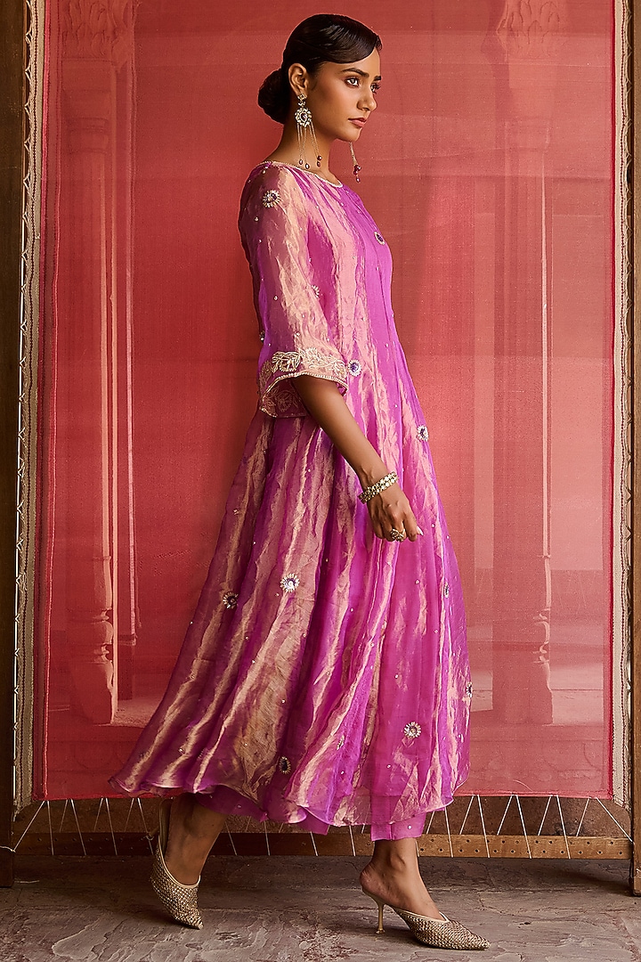 Purple Silk Tissue Embellished Kurta Set by Zoon Tribe at Pernia's Pop Up Shop