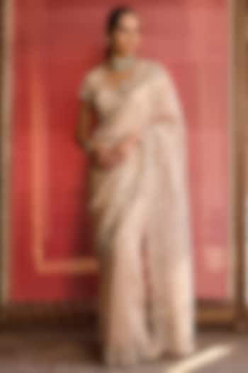 Rose Gold Silk Tissue Embroidered Wedding Saree Set by Zoon Tribe at Pernia's Pop Up Shop