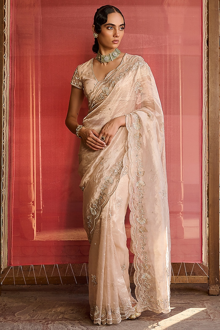 Rose Gold Silk Tissue Embroidered Wedding Saree Set by Zoon Tribe at Pernia's Pop Up Shop