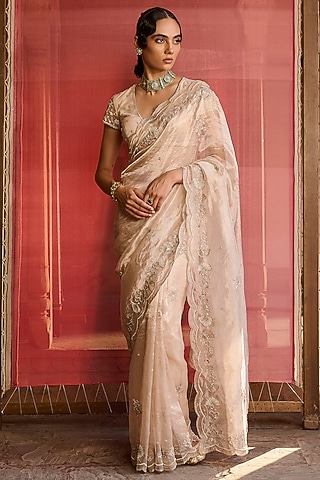 Rose Gold Silk Tissue Embroidered Saree Set by Zoon Tribe