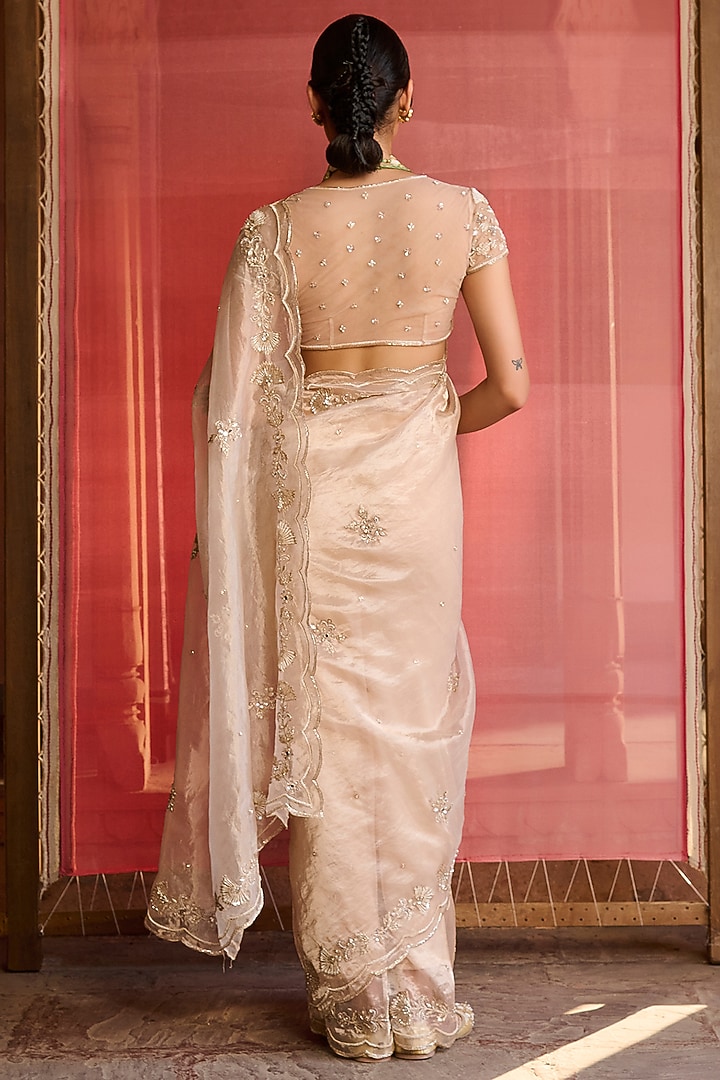 Rose Gold Silk Tissue Embroidered Wedding Saree Set by Zoon Tribe at Pernia's Pop Up Shop