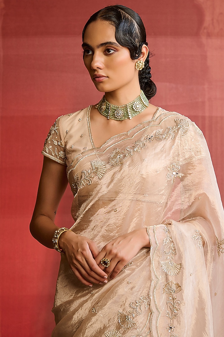 Rose Gold Silk Tissue Embroidered Wedding Saree Set by Zoon Tribe at Pernia's Pop Up Shop