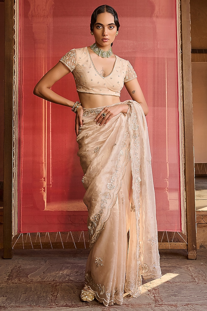 Rose Gold Silk Tissue Embroidered Wedding Saree Set by Zoon Tribe at Pernia's Pop Up Shop