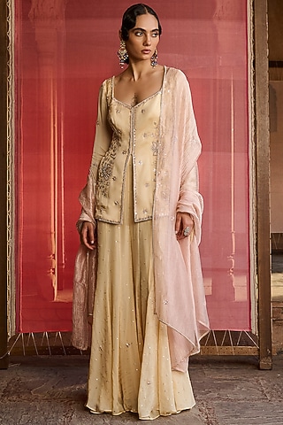 Butter Yellow Flat Chiffon Embroidered Sharara Set by Zoon Tribe