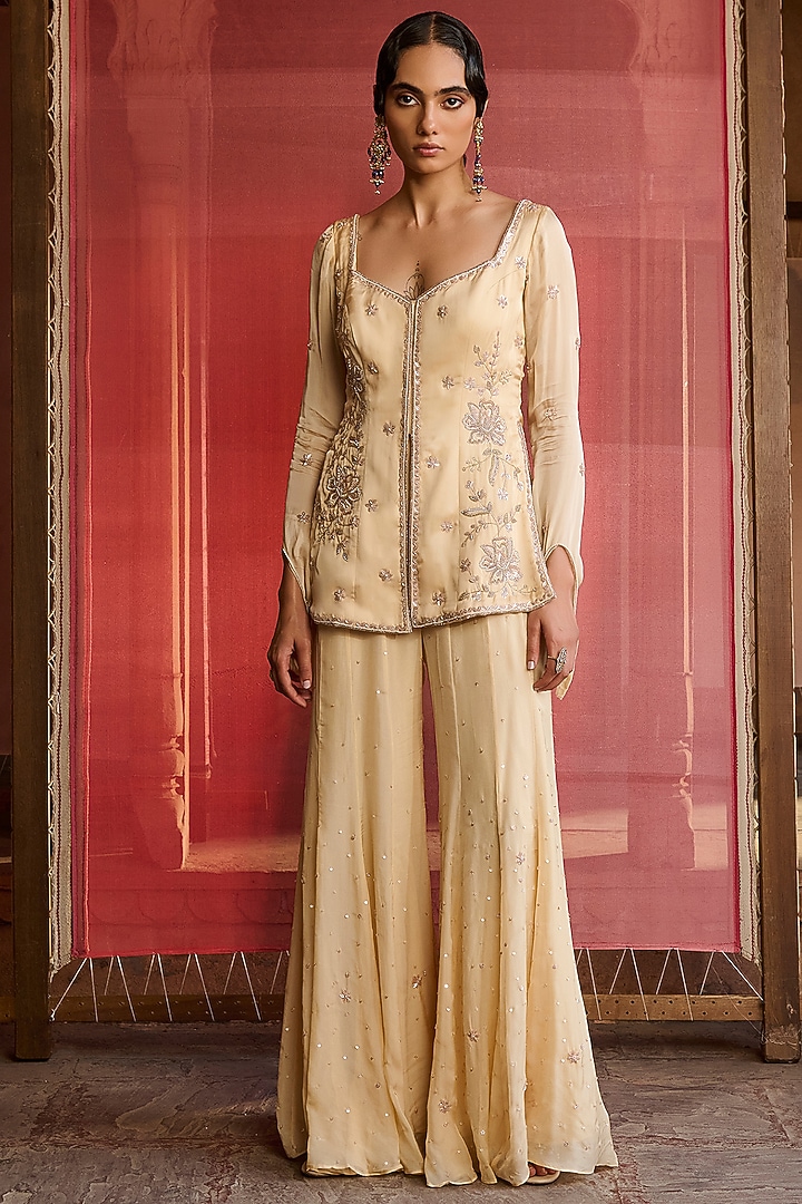 Butter Yellow Flat Chiffon Embroidered Wedding Sharara Set by Zoon Tribe at Pernia's Pop Up Shop