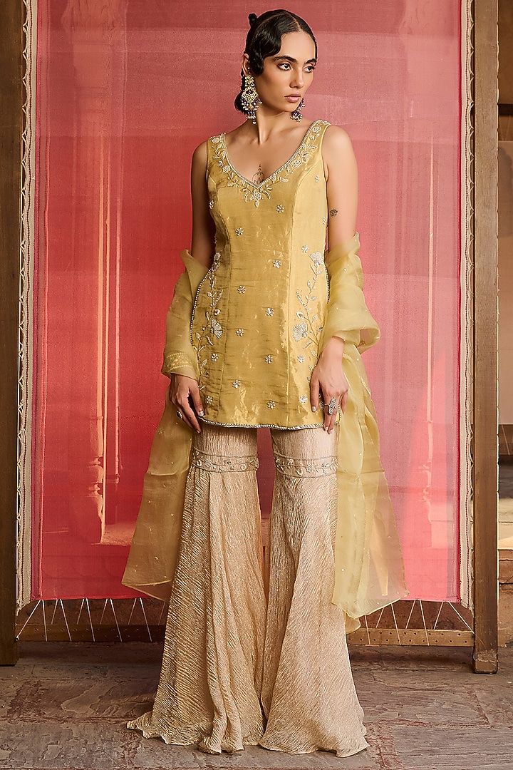 Gold Crushed Tissue Wedding Sharara Set by Zoon Tribe at Pernia's Pop Up Shop