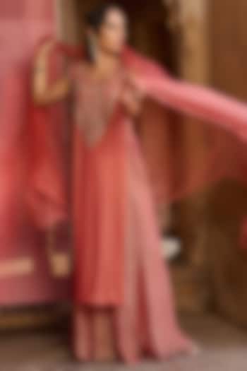 Coral Foil Georgette Embroidered Kurta Set by Zoon Tribe at Pernia's Pop Up Shop