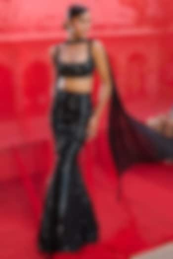 Midnight Black Georgette Hand Embroidered Wedding Lehenga Set by Zoon Tribe at Pernia's Pop Up Shop