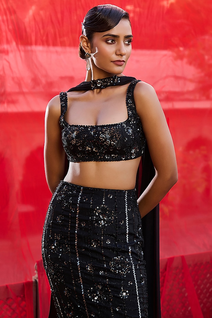 Midnight Black Georgette Hand Embroidered Wedding Lehenga Set by Zoon Tribe at Pernia's Pop Up Shop