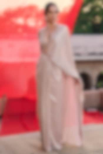 Champagne Foil Georgette Hand Embroidered Draped Wedding Saree Set by Zoon Tribe at Pernia's Pop Up Shop