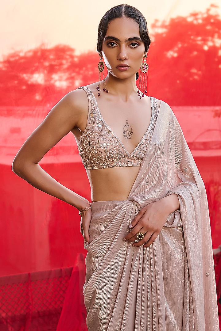 Champagne Foil Georgette Hand Embroidered Draped Wedding Saree Set by Zoon Tribe at Pernia's Pop Up Shop