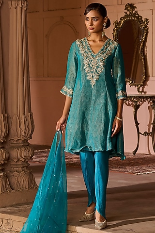 Peacock Blue Crushed Tissue Embroidered Kurta Set by Zoon Tribe