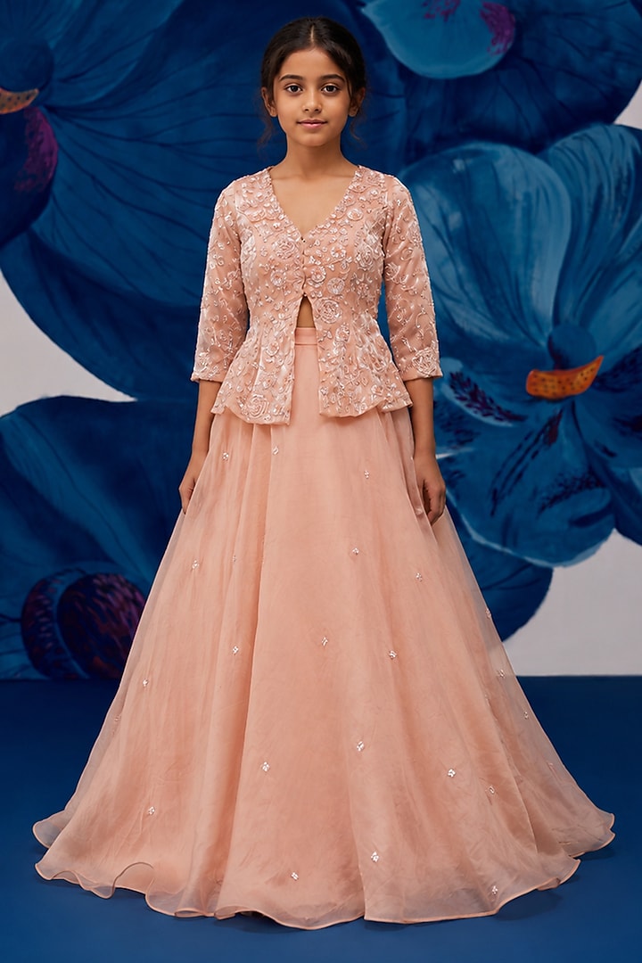 Rose Gold Metallic Organza Aari Embroidered Jacket Set For Girls by Zoon Tribe Kids at Pernia's Pop Up Shop