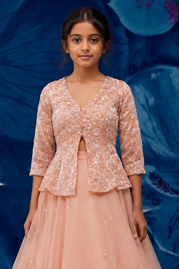Rose Gold Metallic Organza Aari Embroidered Jacket Set For Girls by Zoon Tribe Kids at Pernia's Pop Up Shop