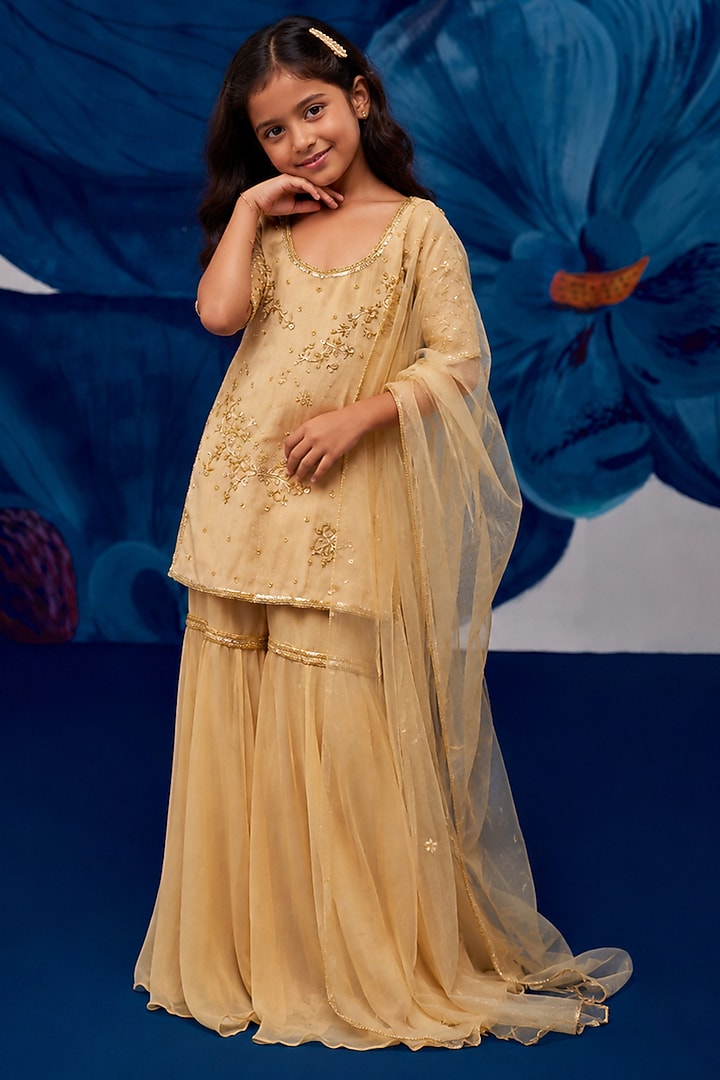 Golden Soft Georgette Hand Embroidered Sharara Set For Girls by Zoon Tribe Kids at Pernia's Pop Up Shop