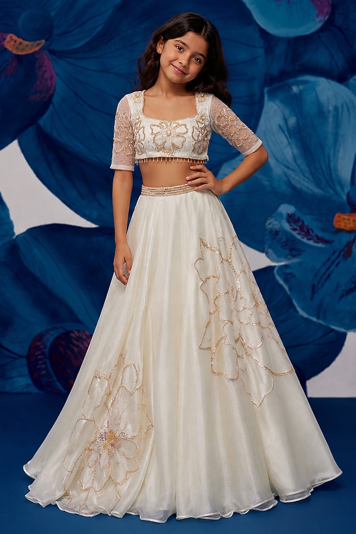 Ivory Metallic Organza Aari Embroidered Lehenga Set For Girls by Zoon Tribe Kids at Pernia's Pop Up Shop