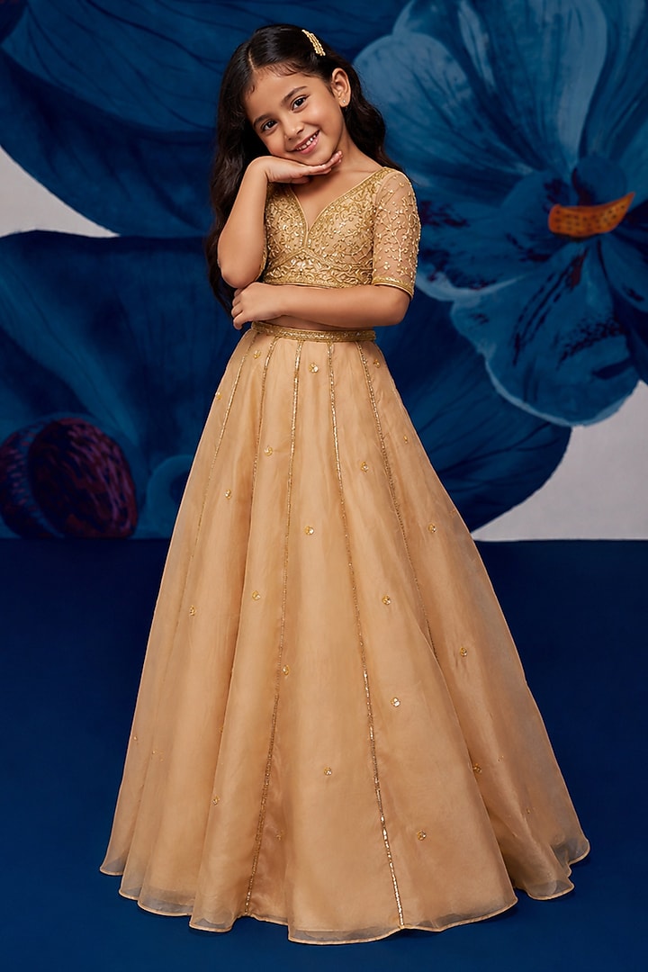 Golden Silk Organza Aari Embroidered Lehenga Set For Girls by Zoon Tribe Kids at Pernia's Pop Up Shop