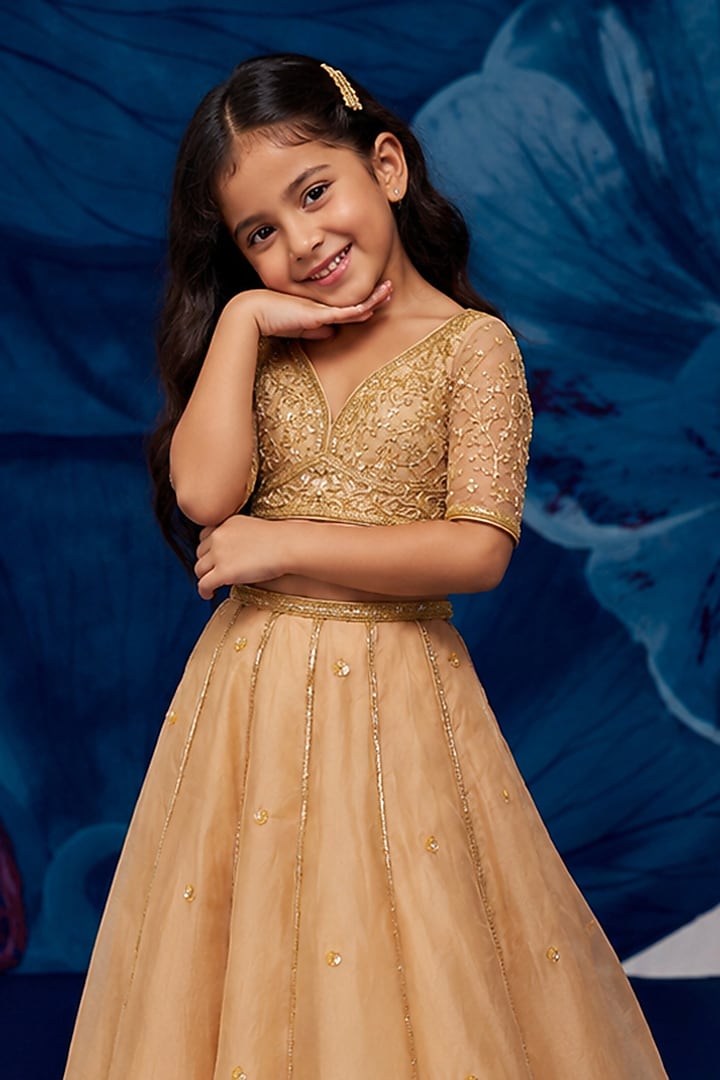 Golden Silk Organza Aari Embroidered Lehenga Set For Girls by Zoon Tribe Kids at Pernia's Pop Up Shop
