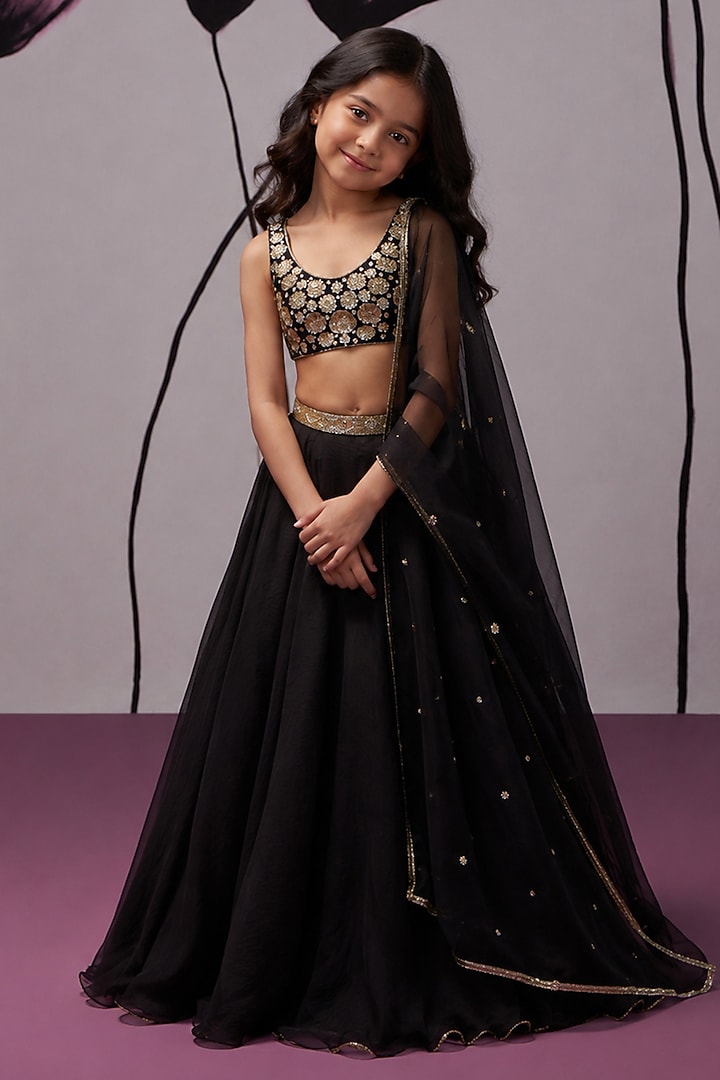 Black Silk Organza Aari Embroidered Lehenga Set For Girls by Zoon Tribe Kids at Pernia's Pop Up Shop