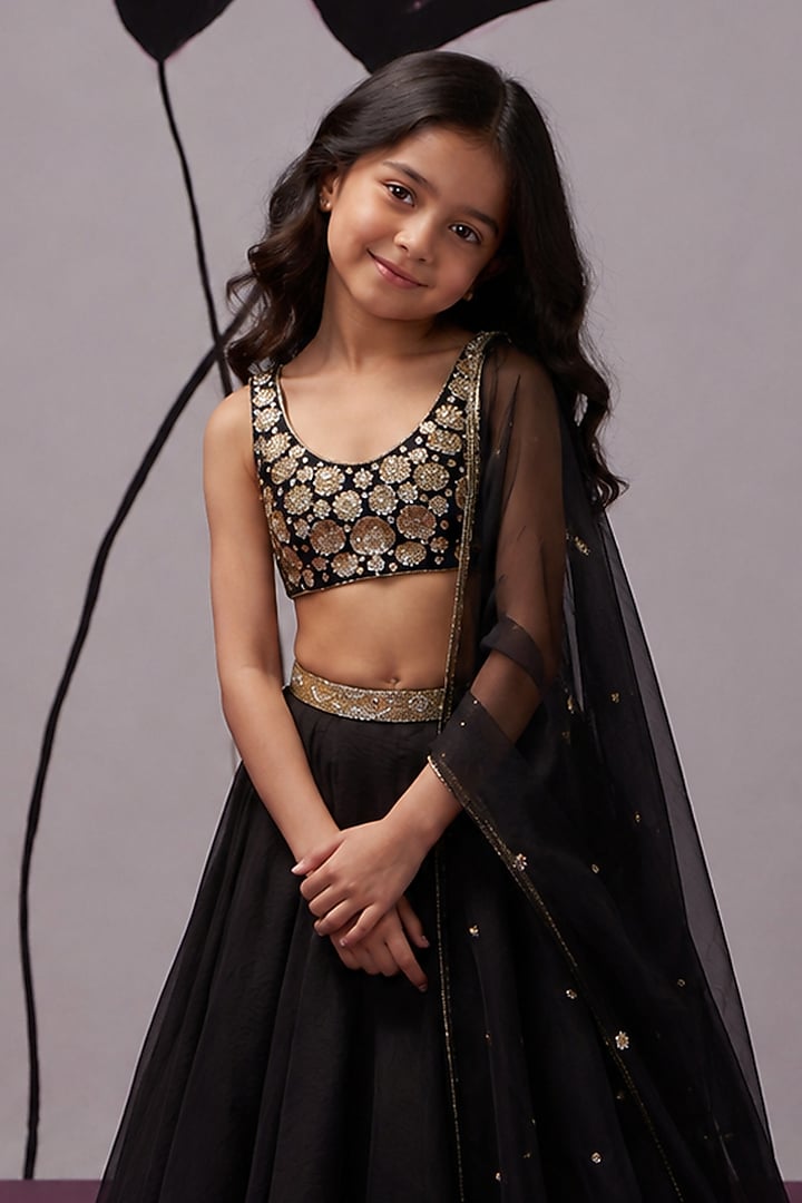 Black Silk Organza Aari Embroidered Lehenga Set For Girls by Zoon Tribe Kids at Pernia's Pop Up Shop