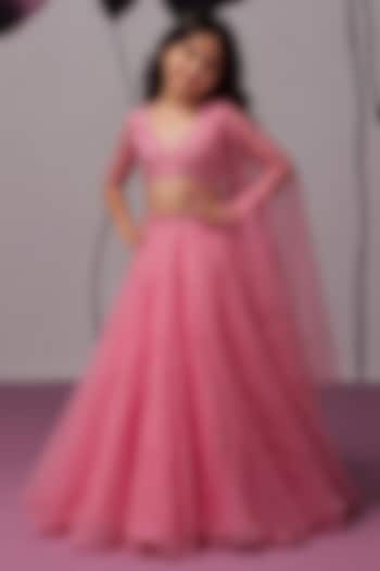 Pink Pure Silk Organza Aari Embroidered Lehenga Set For Girls by Zoon Tribe Kids at Pernia's Pop Up Shop
