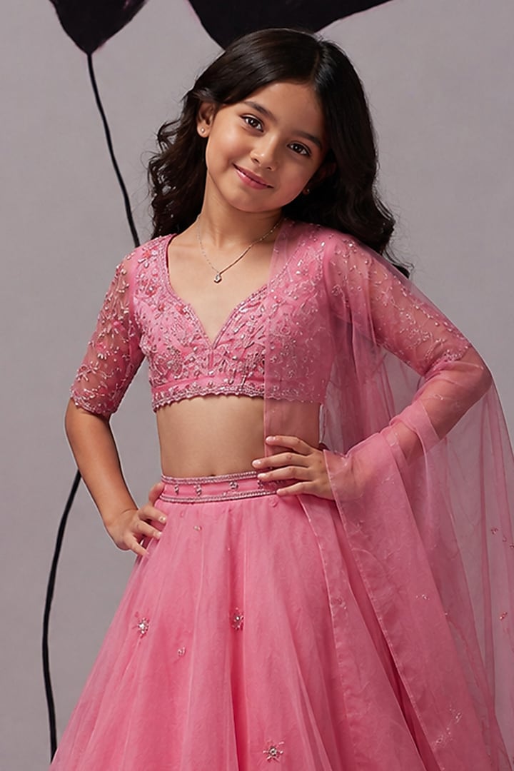 Pink Pure Silk Organza Aari Embroidered Lehenga Set For Girls by Zoon Tribe Kids at Pernia's Pop Up Shop