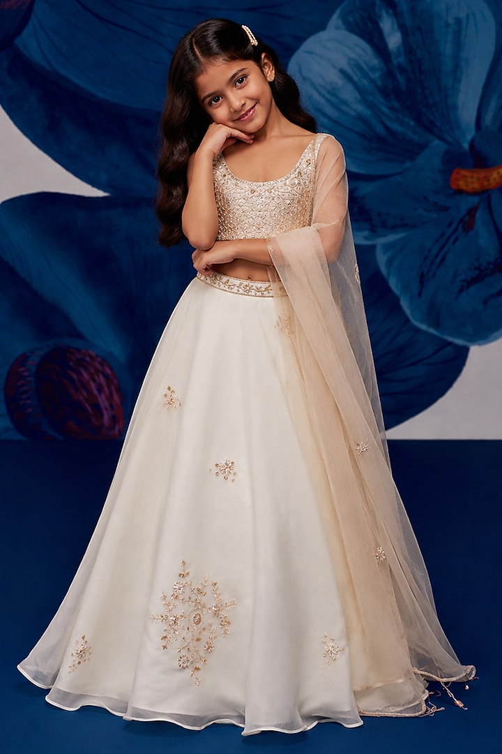 Ivory Silk Organza Aari Embroidered Lehenga Set For Girls by Zoon Tribe Kids at Pernia's Pop Up Shop
