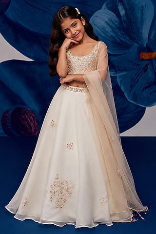 Ivory Silk Organza Aari Embroidered Lehenga Set For Girls by Zoon Tribe Kids