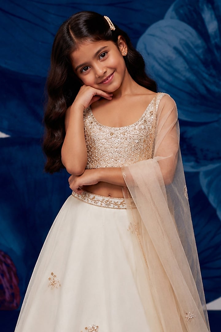 Ivory Silk Organza Aari Embroidered Lehenga Set For Girls by Zoon Tribe Kids at Pernia's Pop Up Shop