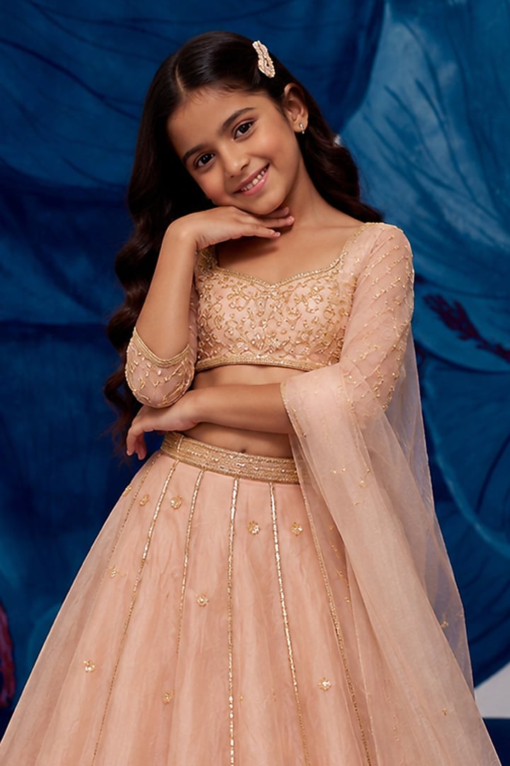 Rose Gold Silk Organza Aari Embroidered Lehenga Set For Girls by Zoon Tribe Kids at Pernia's Pop Up Shop
