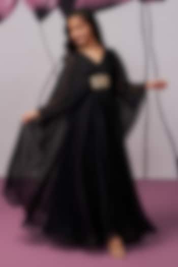 Black Soft Georgette Aari Embroidered Kaftan For Girls by Zoon Tribe Kids at Pernia's Pop Up Shop
