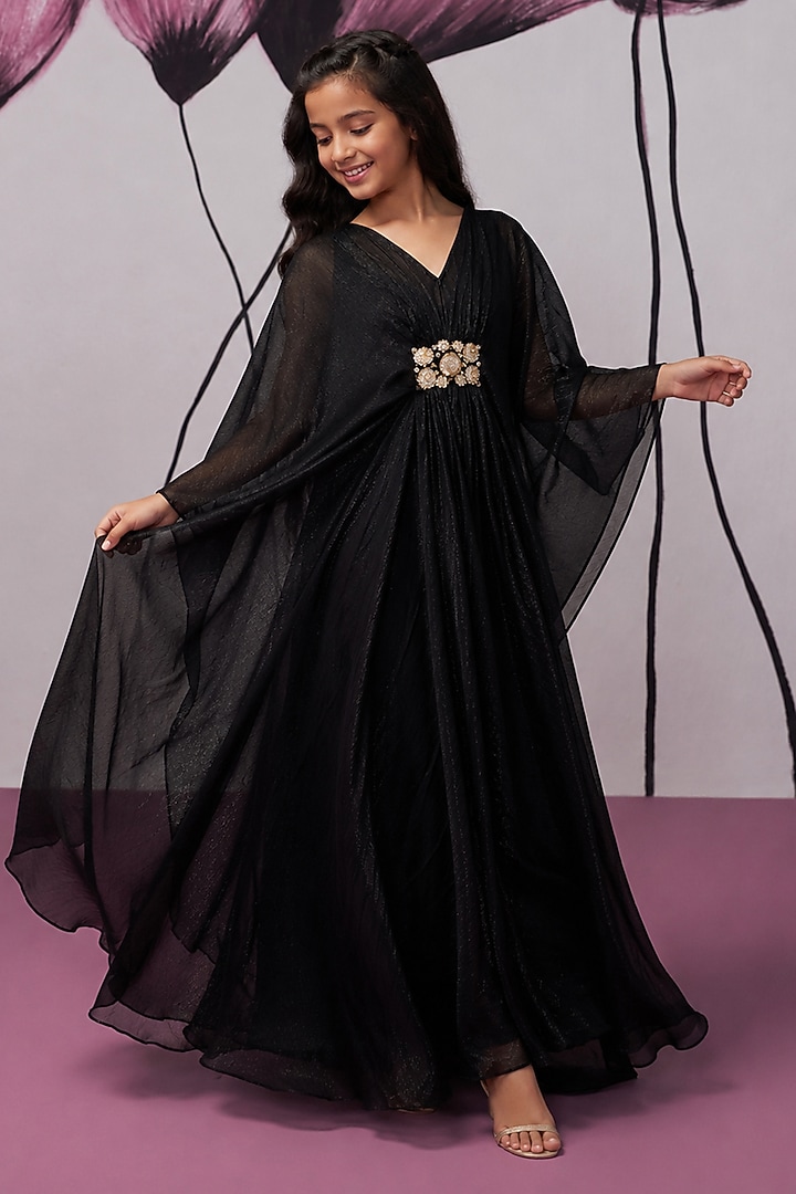 Black Soft Georgette Aari Embroidered Kaftan For Girls by Zoon Tribe Kids at Pernia's Pop Up Shop