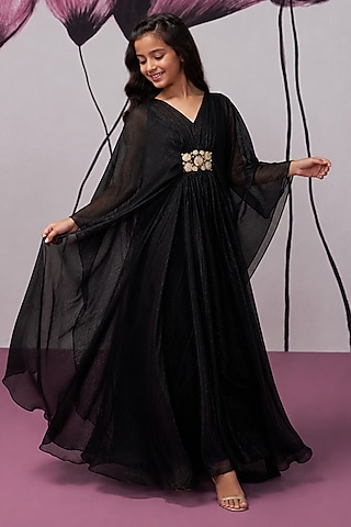 Black Soft Georgette Aari Embroidered Kaftan For Girls by Zoon Tribe Kids
