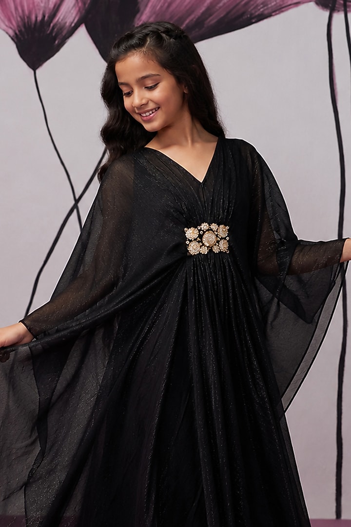 Black Soft Georgette Aari Embroidered Kaftan For Girls by Zoon Tribe Kids at Pernia's Pop Up Shop
