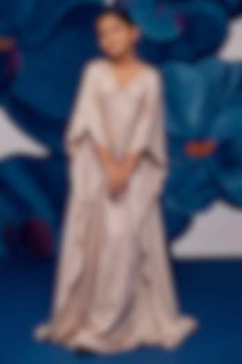 Nude Metallic Satin Aari Embroidered Kaftan For Girls by Zoon Tribe Kids at Pernia's Pop Up Shop